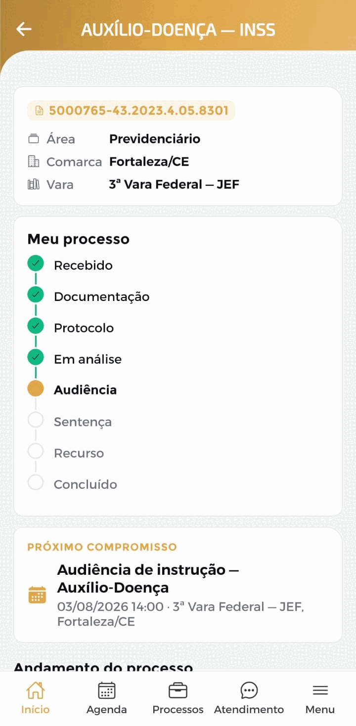 Aplicativo do Advogado: tela de andamento do processo, com as fases do caso e a próxima audiência