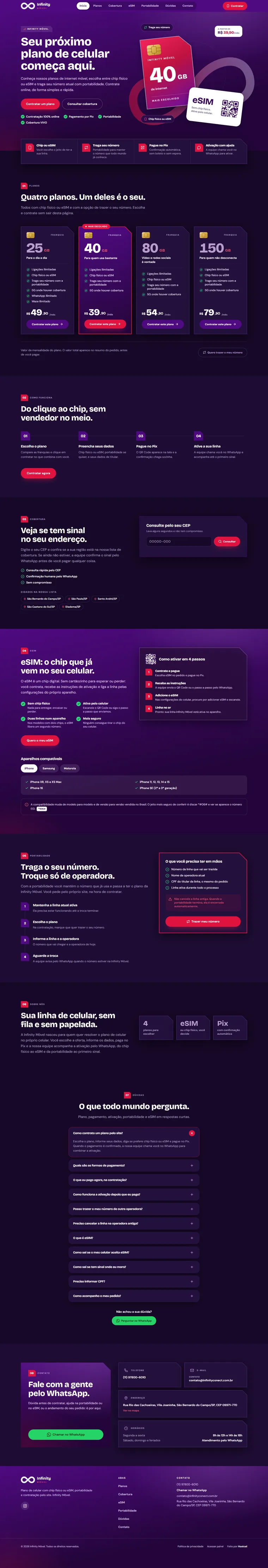 Site do provedor de internet Infinity Móvel criado pela Hostcel