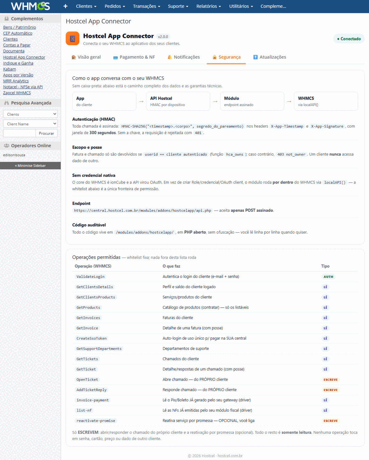 Aplicativo para WHMCS — módulo Hostcel App Connector Aba de segurança do módulo Hostcel App Connector no WHMCS, com o caminho dos dados, a assinatura das chamadas e a lista de operações permitidas