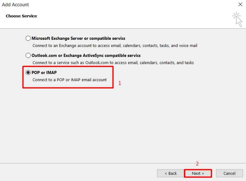 Tela de seleção de protocolos POP ou IMAP no Outlook 2013